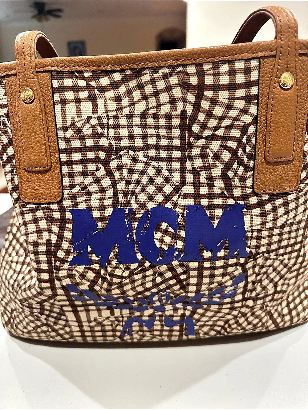 MCM Stark Visetos Shopper Tote Brown & Cream - Picture 2 of 7